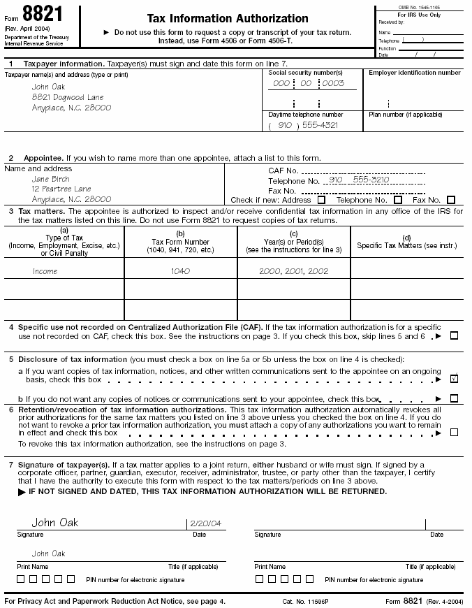 Filled-in Form 8821