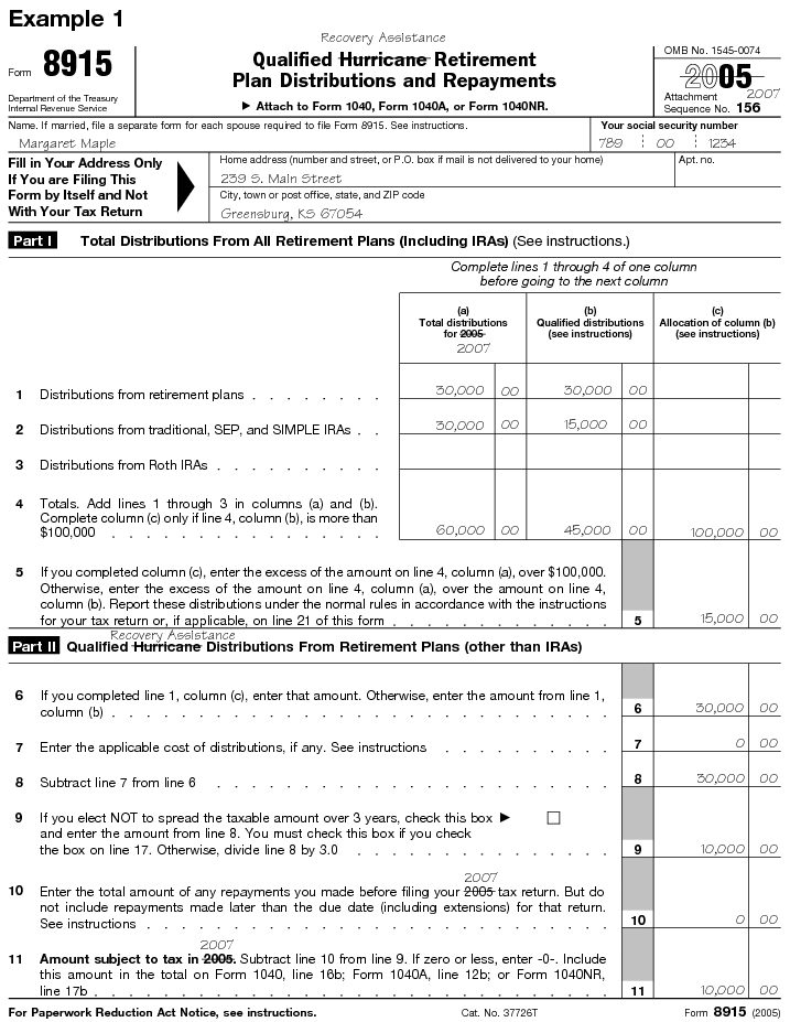 2005 Form 8915, page 1,  Illustrated Example 1.