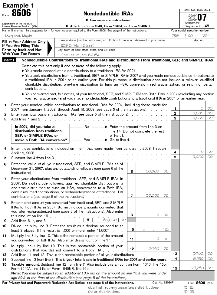 Form 8606, page 1, Illustrated Example 1