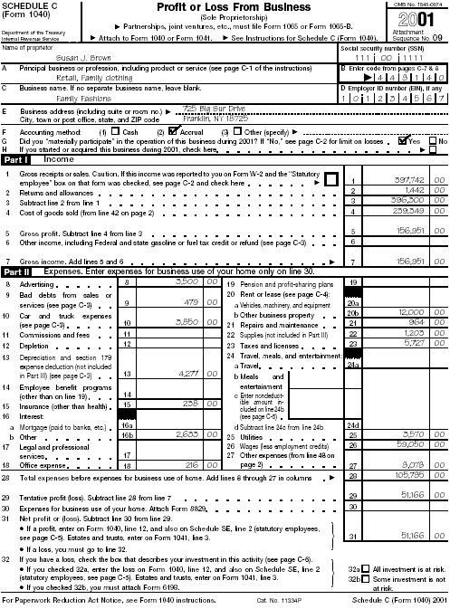 Page 1 of Schedule C (Form 1040) for Susan J. Brown