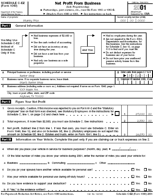 Page 1 of Schedule C-EZ (Form 1040) for Stanley Price