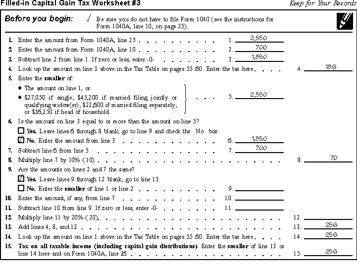 Filled-in Capital Gain Tax Worksheet #3 (showing 256)
