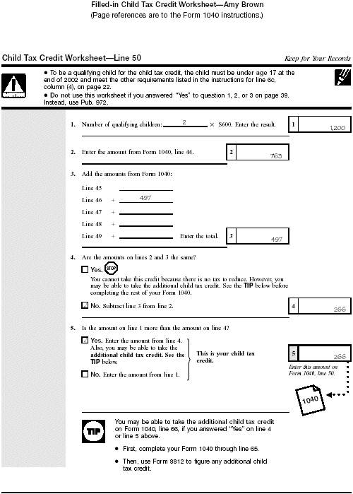 Filled-in child tax credit worksheet for Amy Brown