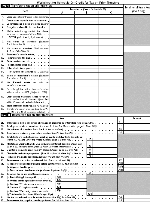 Worksheet for Schedule Q