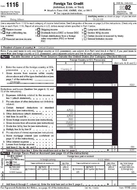 Form 1116, page 1 for Betsy Wilson 
