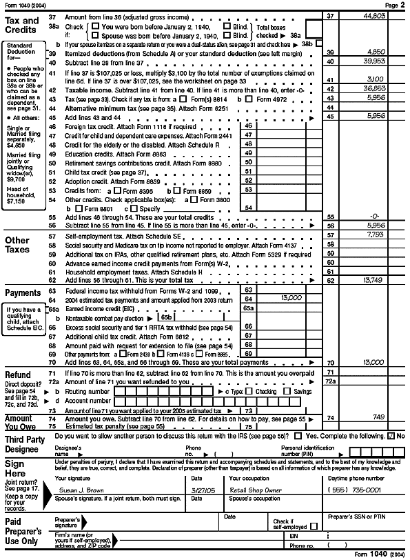 Page 2 of Form 1040 for Susan J. Brown