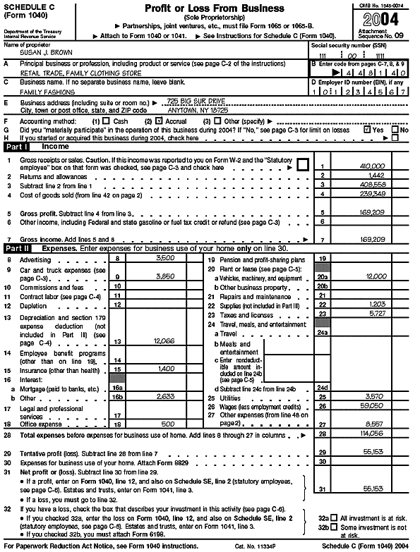 Page 1 of Schedule C (Form 1040) for Susan J. Brown