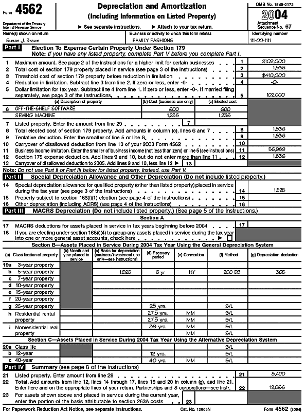 Page 1 of Form 4562 for Susan J. Brown