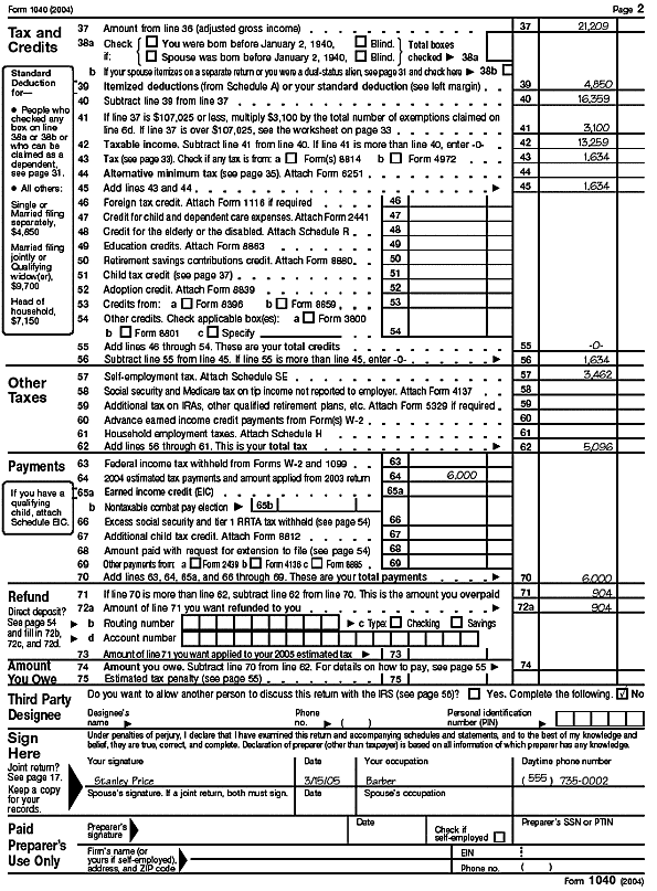 Page 2 of Form 1040 for Stanley Price