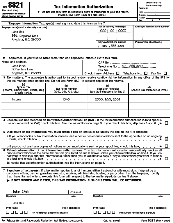 Filled-in Form 8821