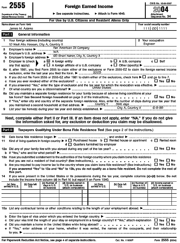 Form 2555, page 1 for James Adams