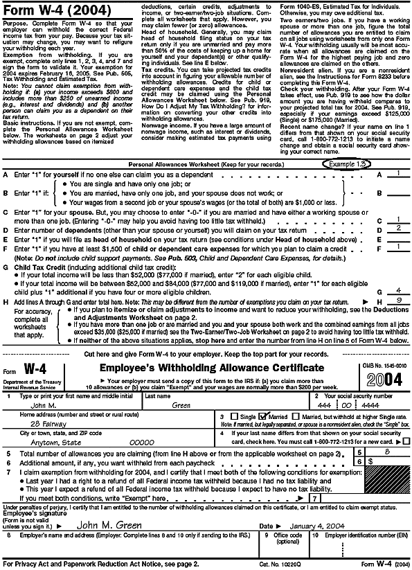 Filled-in Form W–4, page 1 
