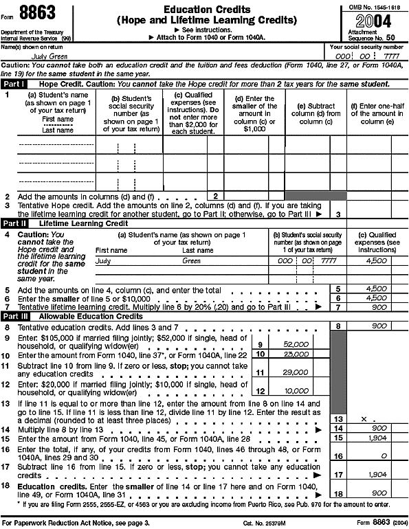Form 8863 for Judy Green