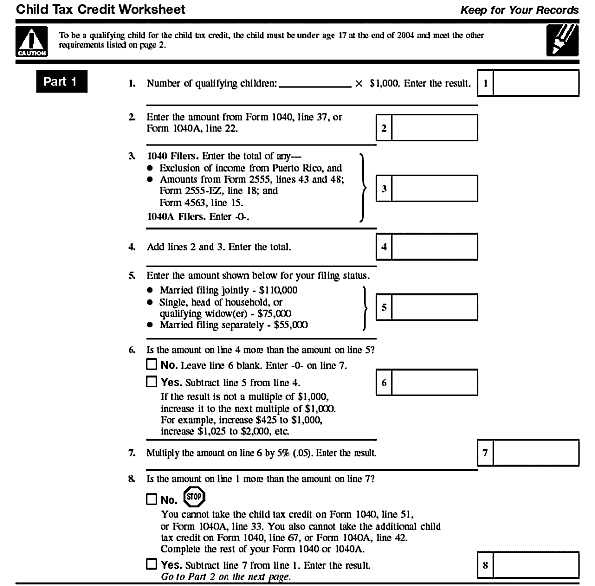 Child Tax Credit Worksheet. page 1