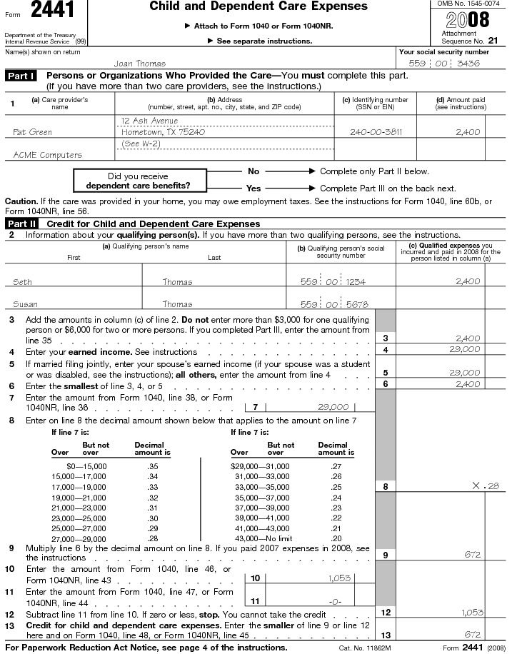 Form 2441 Child and Dependent Care Expenses
