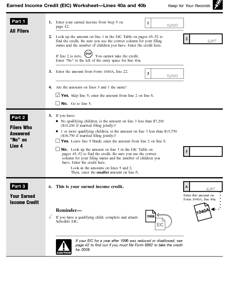 Filled-in Earned Income Credit Worksheet--John and Janet Smith (Page references are to the Form 1040A Instructions.)