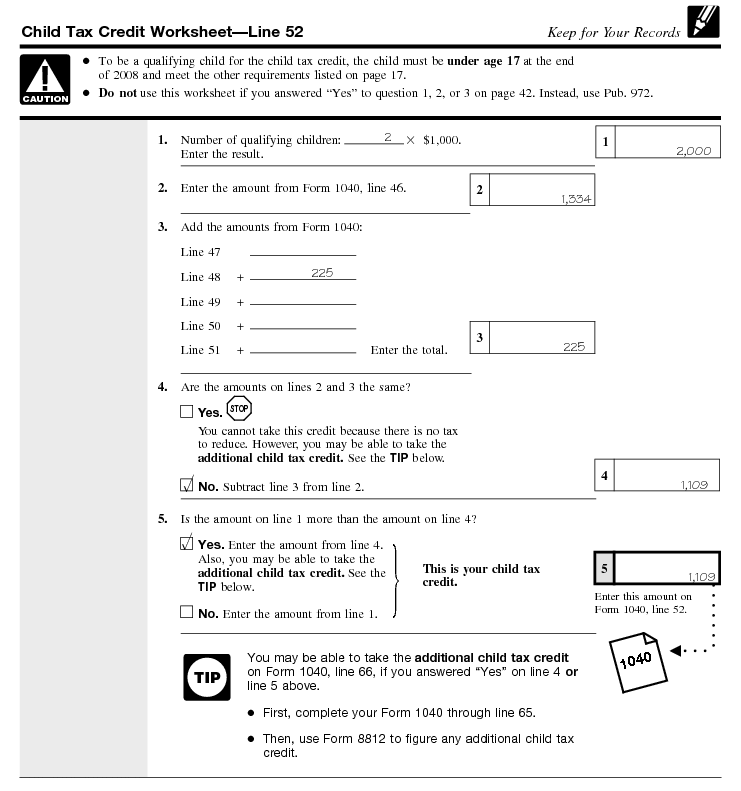 Filled-in Child Tax Credit Worksheet--Amy Brown (Page references are to the Form 1040 instructions.)