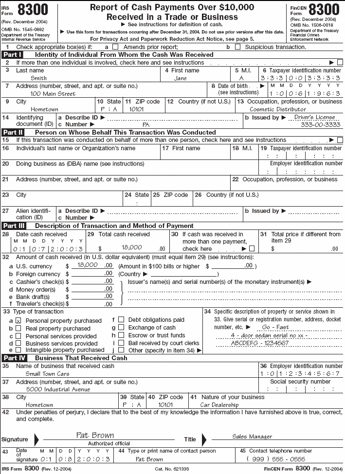  Filled-In Form 8300