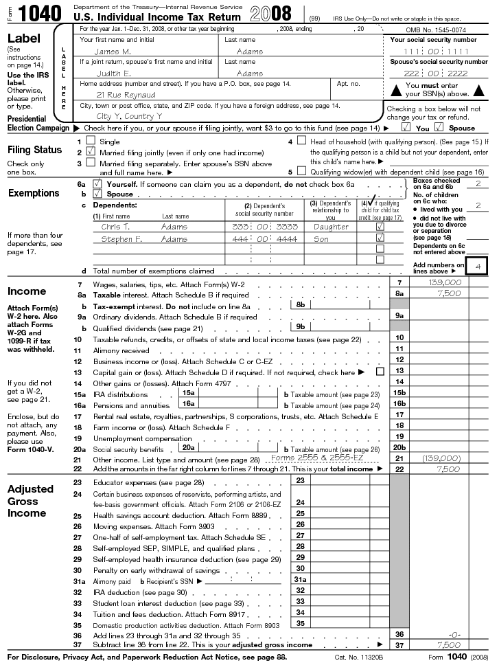 Form 1040 United States Individual Income Tax Return 2008