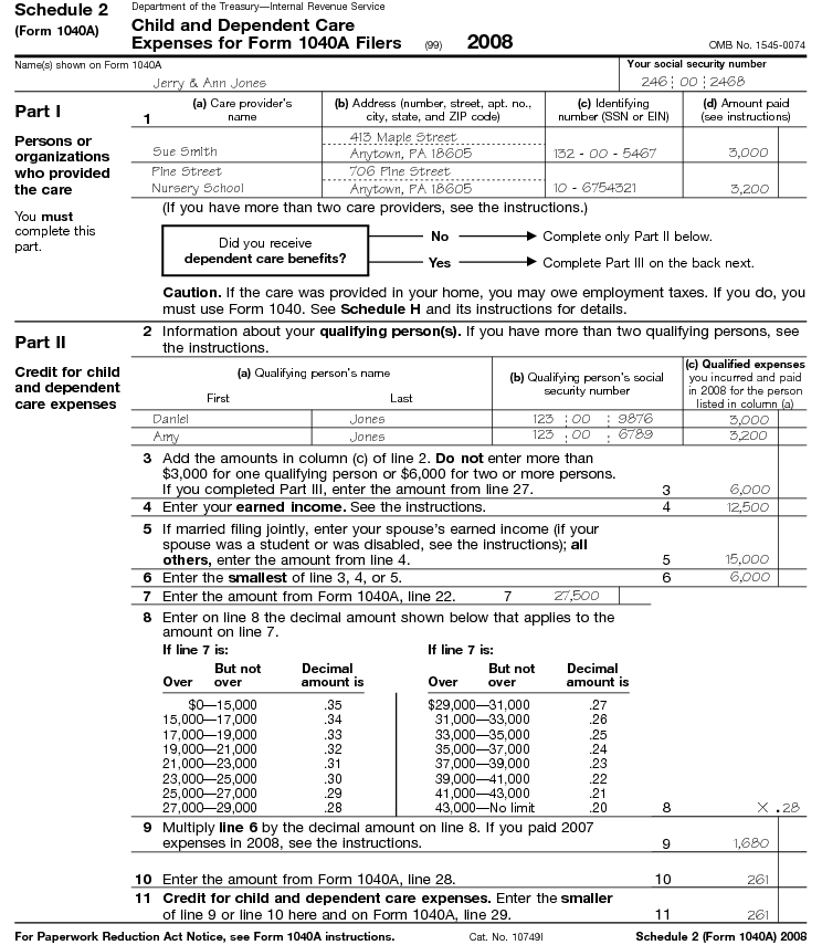 Schedule 2 (Form 1040A) Child and Dependent Care Expenses for Form 1040A Filers 2008