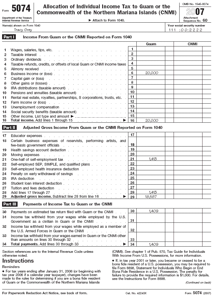 Form 5074, for Tracy Grey
