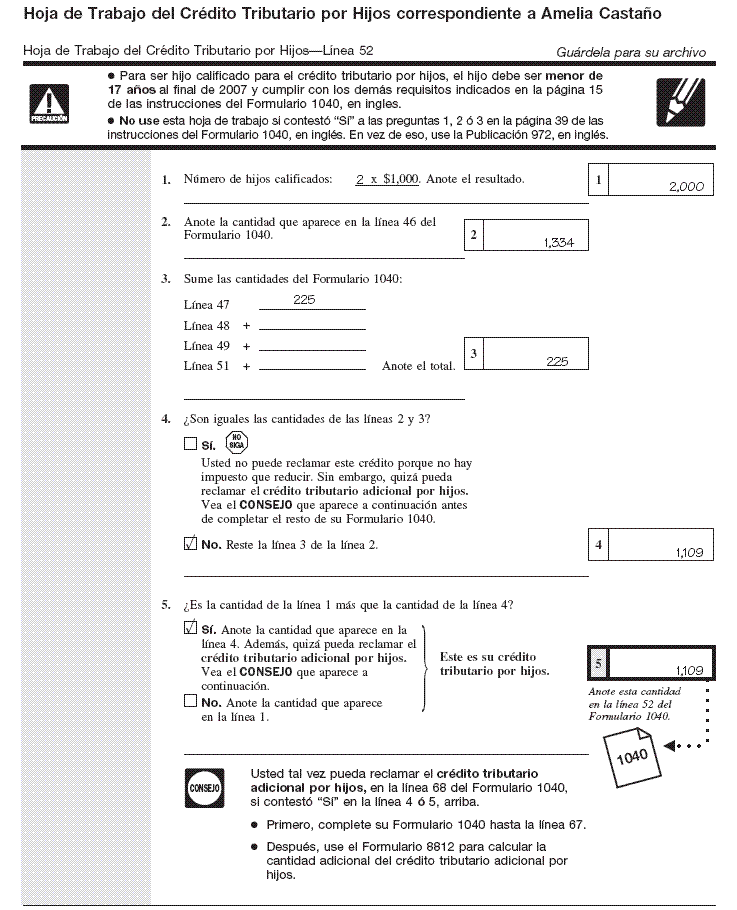Filled-in child tax credit worksheet for Amelia Castaño