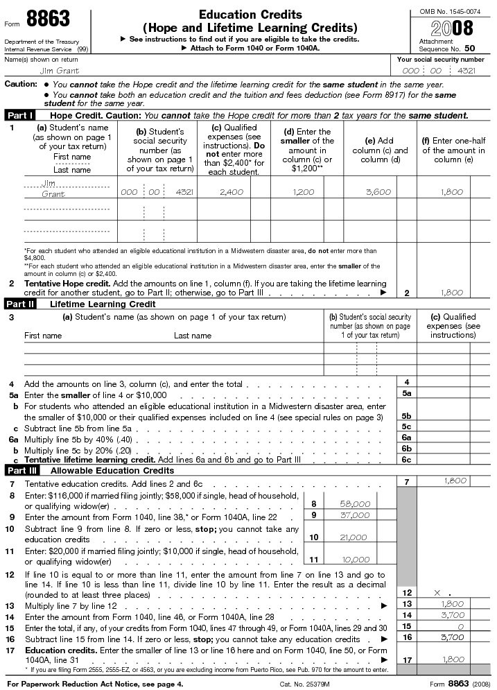 Form 8863 Education Credits (Hope and Lifetime Learning Credits) 2008
