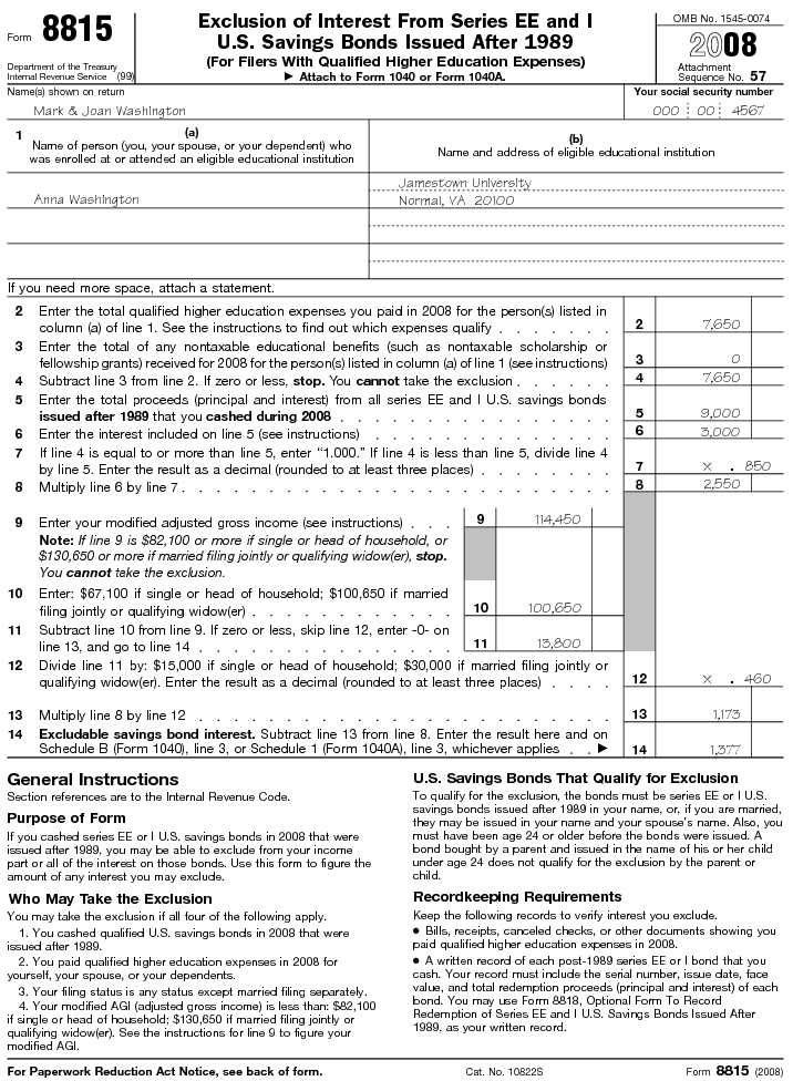 Form 8815 Exclusion of Interest From Series E.E. and I. U.S. Savings Bonds Issued After 1989 2008
