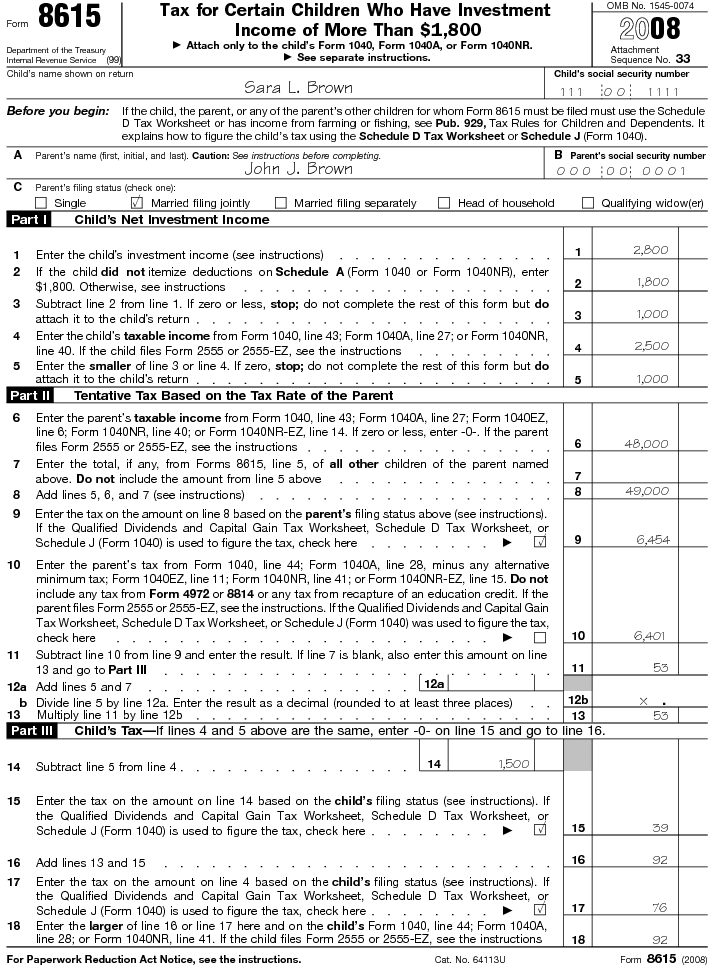 Form 8615 Tax for Certain Children Who Have Investment Income of More Than $1,800 (2008)