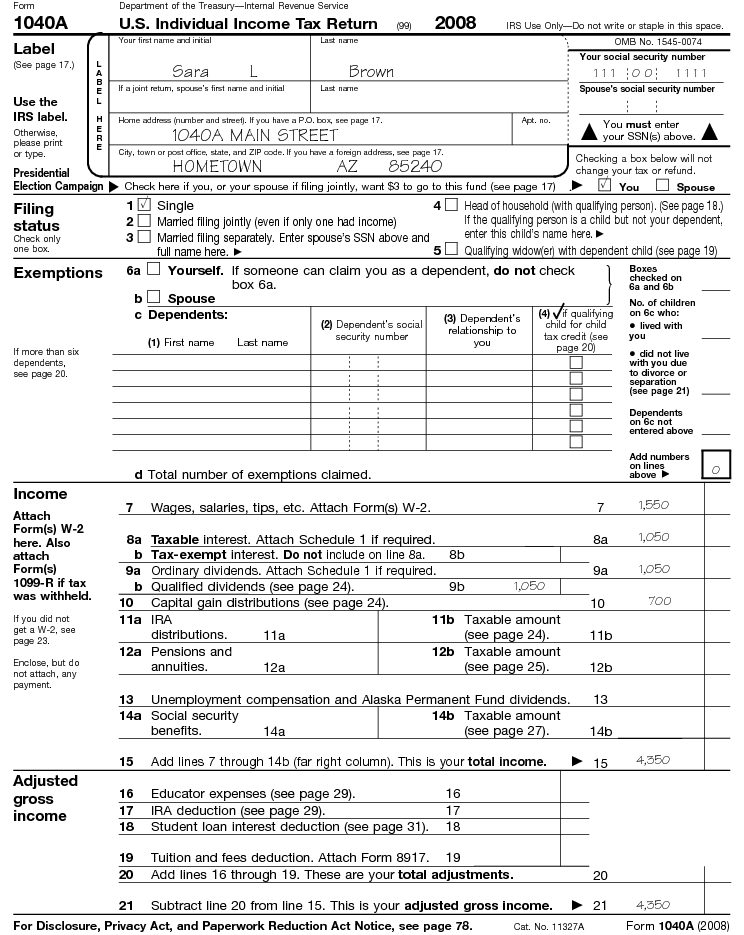 Form 1040A United States Individual Income Tax Return 2008