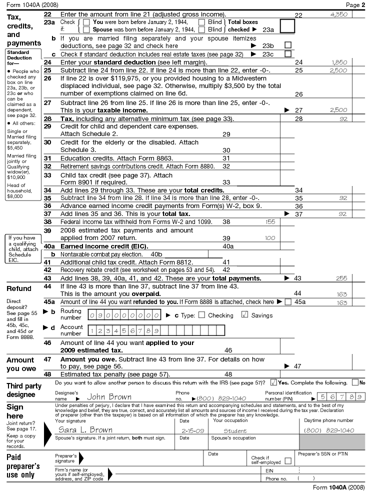 Form 1040A (2008), Page 2