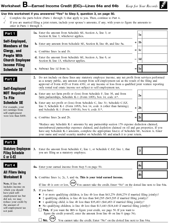 Worksheet B—Earned Income Credit —Lines 64a and 64b