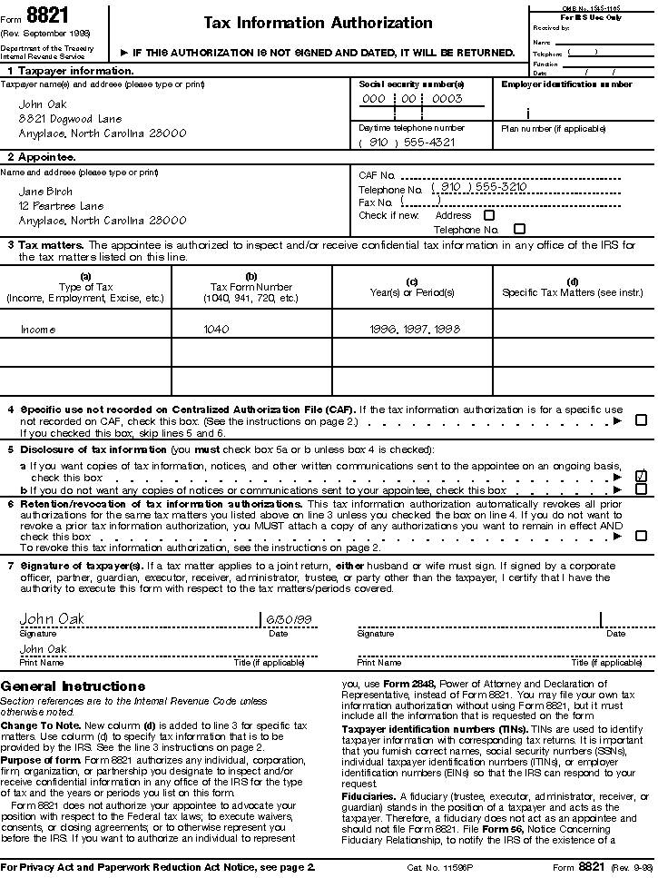 Filled-in Form 8821