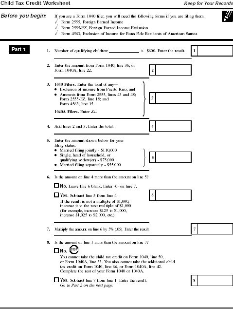 Child Tax Credit Worksheet. page 1