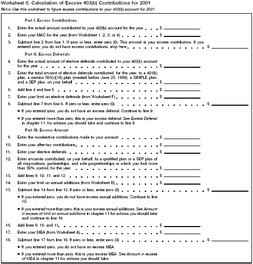 Worksheet 6 Calculation of Excess 403(b) Conributions