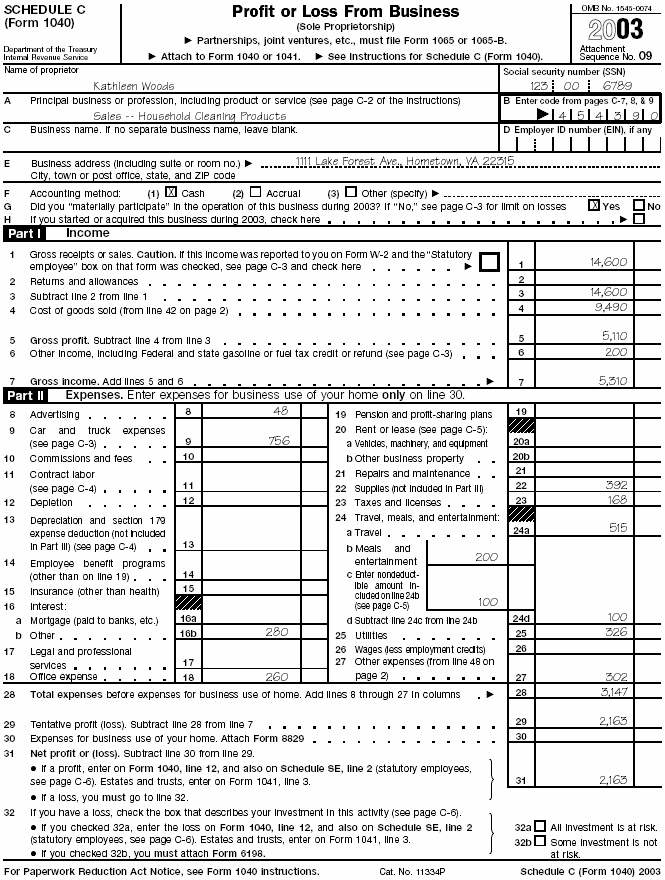 schedule c (form 1040), page 1, for kathleen woods