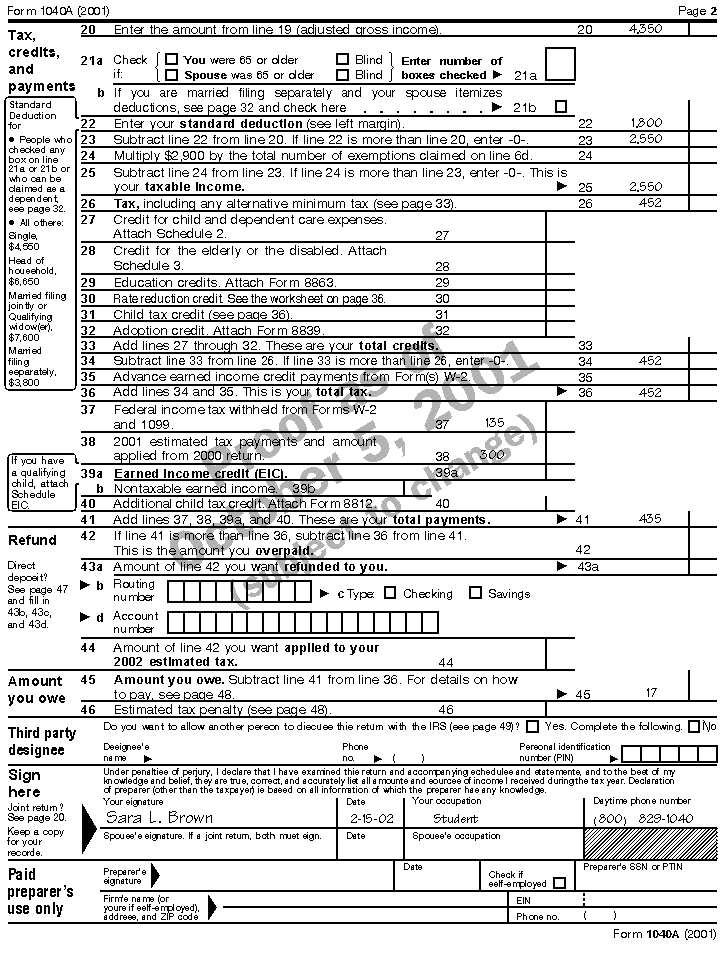 Form 1040A, page 2, for Sara L. Brown