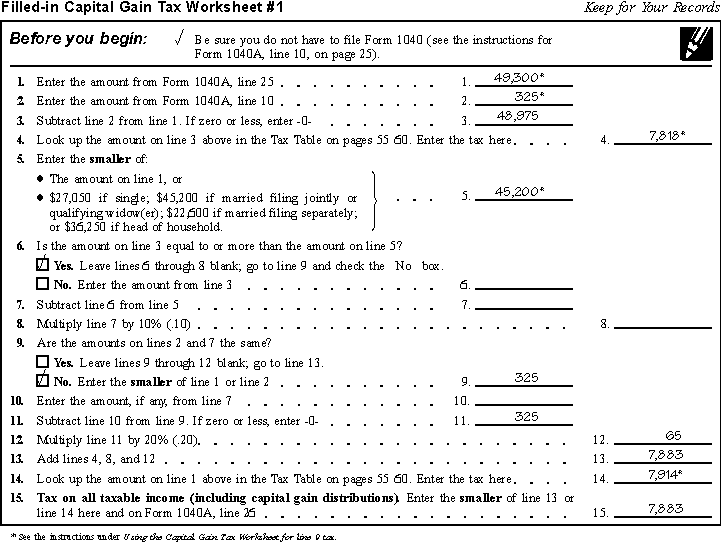 Filled-in Capital Gain Tax Worksheet #1 (showing 7,084