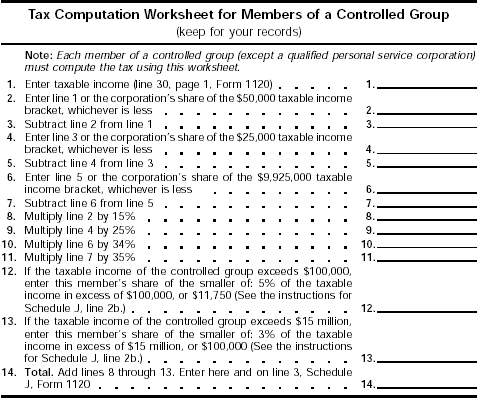 Tax Computation Worksheet for Members of a Controlled Group