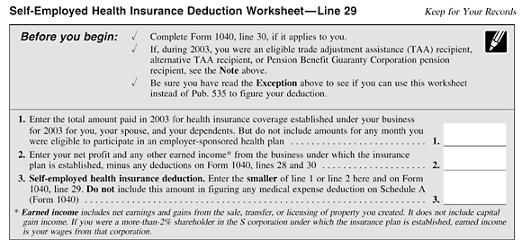 Self-Employed Health Insurance Deduction Worksheet - Line 29