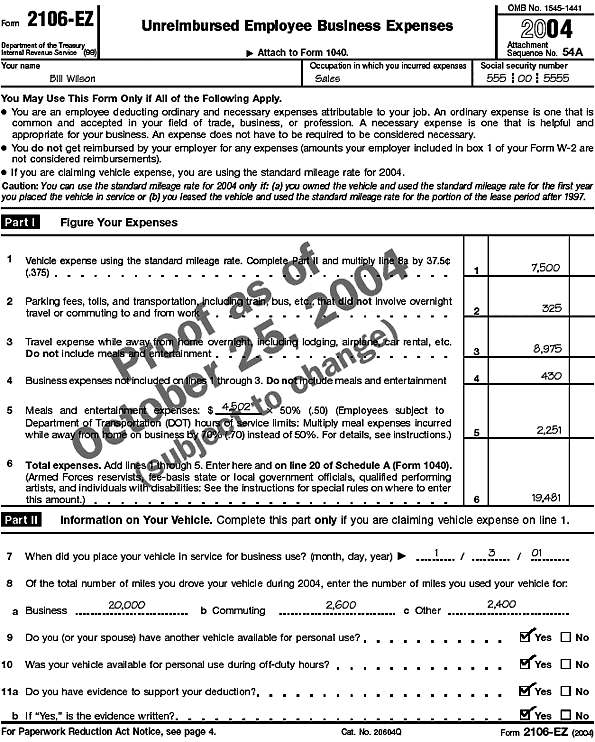 Form 2106-EZ, Page 1, for Bill WilsonForms: 2106-EZ