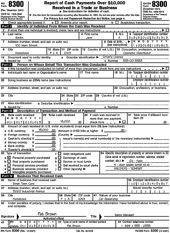  Filled-In Form 8300