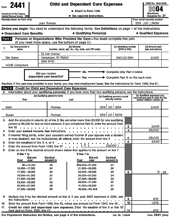 Page 1 of Form 2441 for Joan Thomas