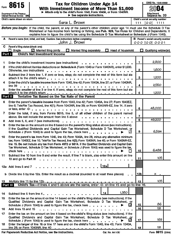 Form 8615 for Sara L. Brown