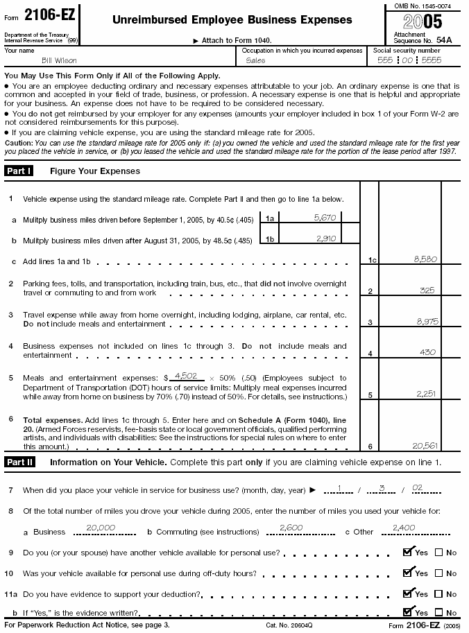 Form 2106–EZ, Page 1, for Bill WilsonForms: 2106–EZ