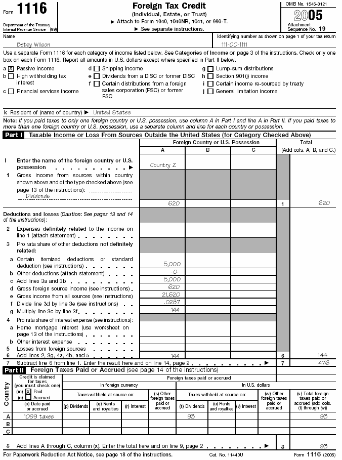 Form 1116, page 1 for Betsy Wilson 