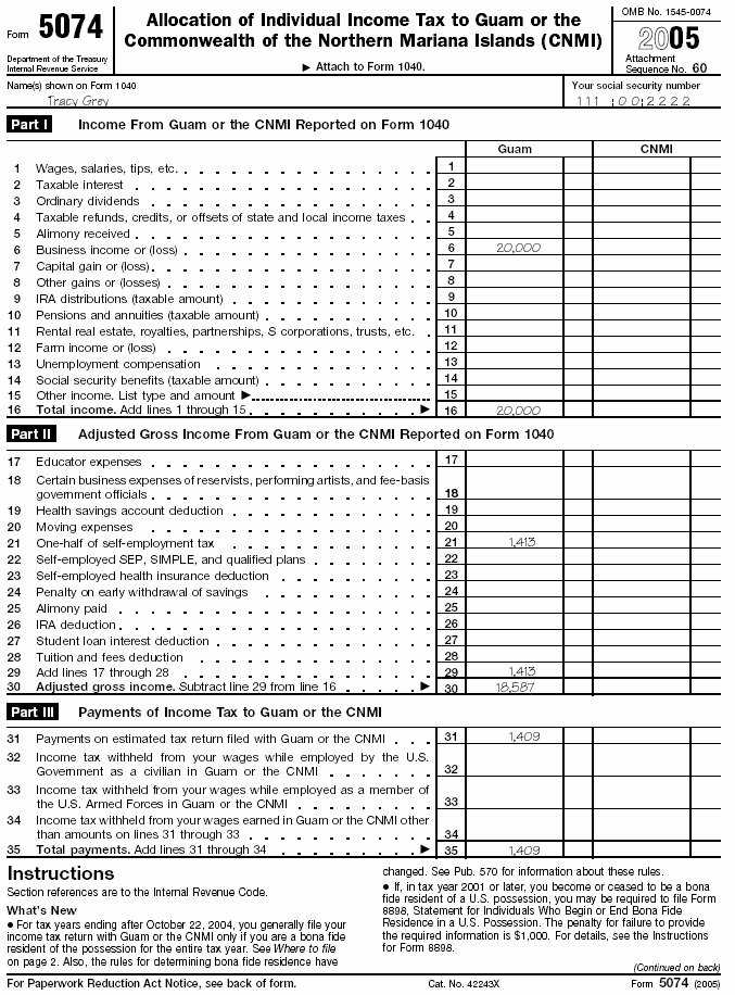 Form 5074, for Tracy Grey