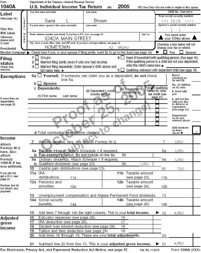 Form 1040A, page 1, for Sara L. Brown