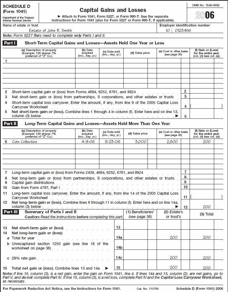 Page 1 of Schedule D (Form 1041) for the estate of John R. Smith