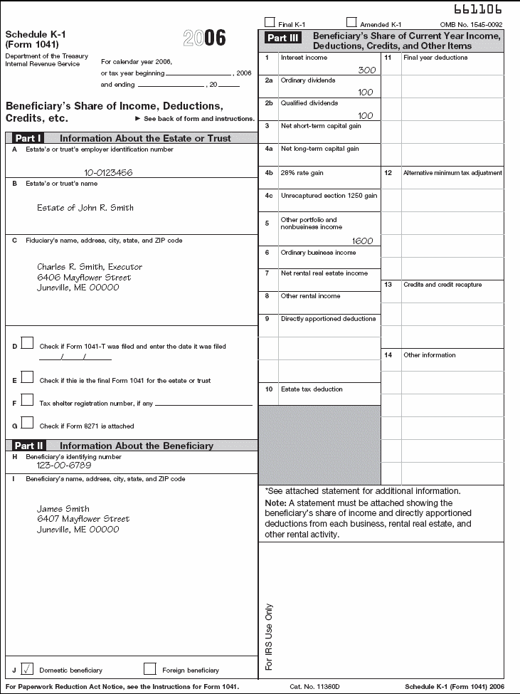 Schedule K-1 (Form 1041) for the estate of John R. Smith